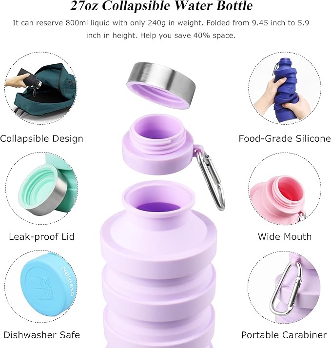 Nefeeko Collapsible Water Bottle, Reuseable BPA Free Silicone Foldable Water Bottles for Travel Gym Camping Hiking, Portable Leak Proof Sports Water Bottle with Carabiner