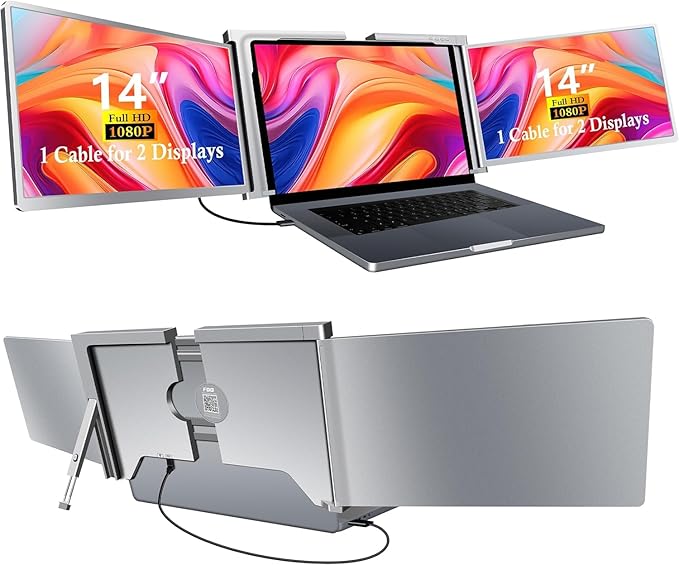 Laptop Screen Extender 14“ Monitors, Work for macOS [Included M1/M2 M3]，Windows, Triple Portable 1080P Tri-Screen USB A/Type C Portable Monitor for 14"-17.3" Laptop(1 Cable)