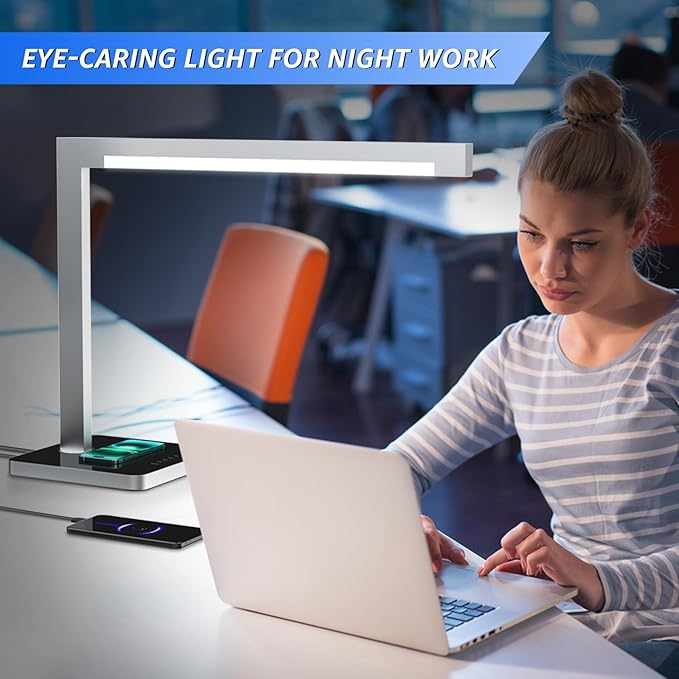 Aluminum LED Desk Lamp with Charging Station, 15W Smart Table Lamp with Type-C Ports & 4 Color Temperature Modes(3000K-6000K), Dimmable Reading Light for Home Office,Bedroom (Includes Adapter)