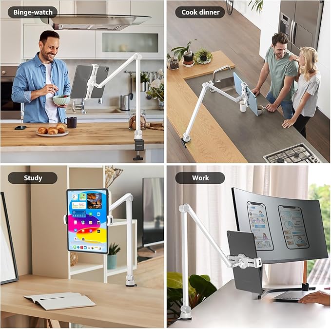 BEWISER Tablet Stand Holder Desk Mount,360°Rotating Flexibly, Angle Adjustable Long Arm, Folding Aluminium Alloy Compatible with4.7-13" Phone or Tablet in Kitchen/Office(White)