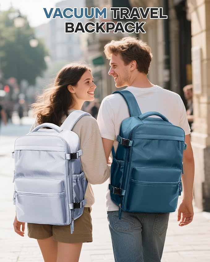 Vacuum Travel Backpack with Pump for Women,Personal Item Carry on Backpacks Flight Approved 18x14x8 inches for Men,Laptop Waterproof Work Compression bags Casual Daypack Blue