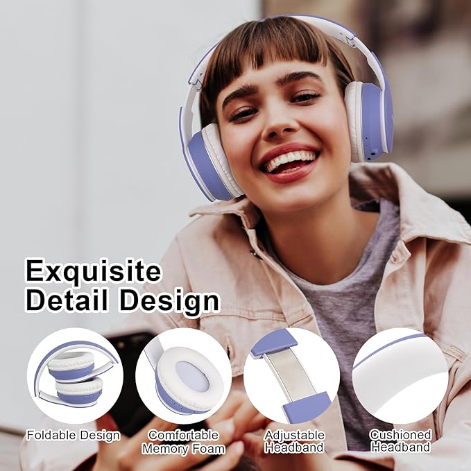 JOMILIN B9 Wireless Headphones Over-Ear, 60 Hours Playtime Lightweight Folding Hi-fi Stereo Bass Bluetooth Headset with Mic, Volume Control Headphones for iPad/Travel/Tablet/PC (Purple)