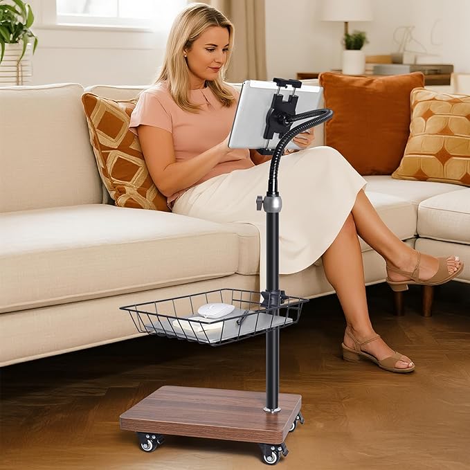 Adjustable Floor Tablet Stand with Rolling Base, Flexible Gooseneck Mount, Wood Platform, Mobile Device Holder for Indoor Use