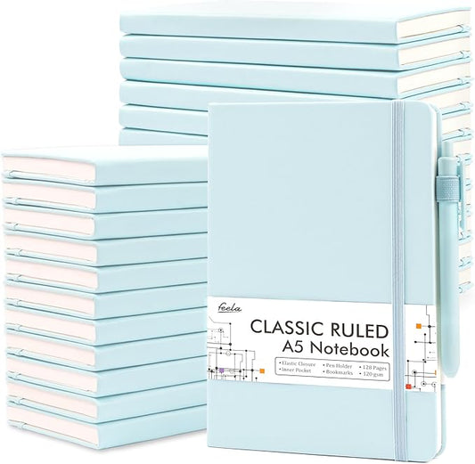 feela 24 Pack Journal Notebook Bulk for Work, Business Notebook Hardcover Lined Writing Journal with Pen Holder for Students Women Note Taking, with 24 Black Pens, 120 GSM, 5.1”x8.3”, A5, Sky Blue