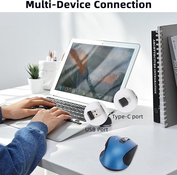 Wireless Mouse with Bluetooth, USB A, USB C Receiver, Rechargeable, Full Size Mouse, Ergonomic, Silent, for MacBook/Laptop/Computer/PC/iPad-Blue
