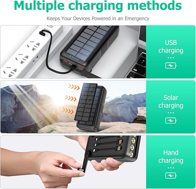 Solar Charger Power Bank 63200mAh, Portable Charger with Dual Outputs & Dual Inputs 4 LEDs Flashlight, Hand Crank Power Bank Fast Charging Battery Pack for Outdoor Camping Survival Gear (gray)