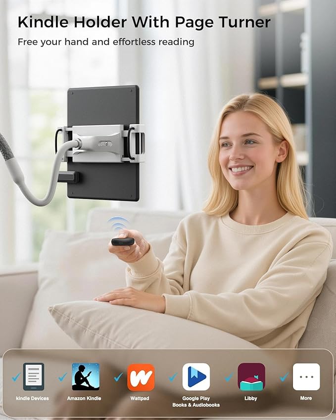 SAIJI Gooseneck Kindle Holder with Remote Page Turner, Tablet Holder for Bed, 100 cm Flexible Lazy Arm，Free Hands Kindle Accessories, Leather Tablet Stand for Reading in Bed, Gray