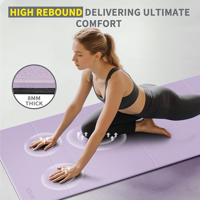 8mm Extra Large Foldable Yoga & Fitness Mat(74" x 31.5" x 0.32"), Double-Sided Non Slip & Lightweight Pilates Mat, Thick Wide Exercise Mats for Woman Man Kids, Portable Workout Mats for Travel, Studio or Home Use