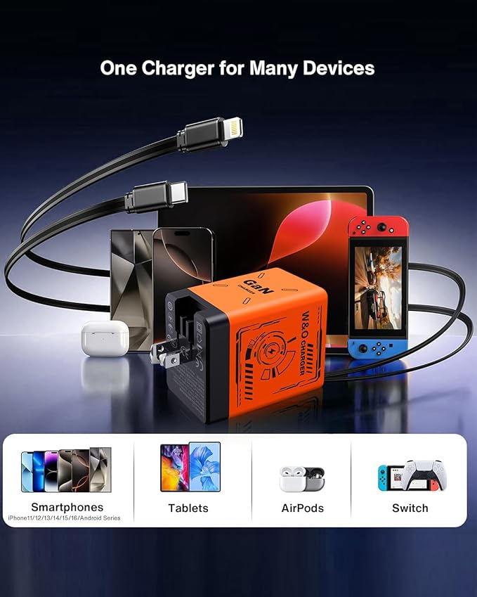 W&O gan Charger Fast Charger,45W Retractable Phone Charger Wall Plug with Lightening and Type-C Cables,for iPhone16/15/14/13/12/11 Series, Galaxy S25 24,Android and More (Orange)