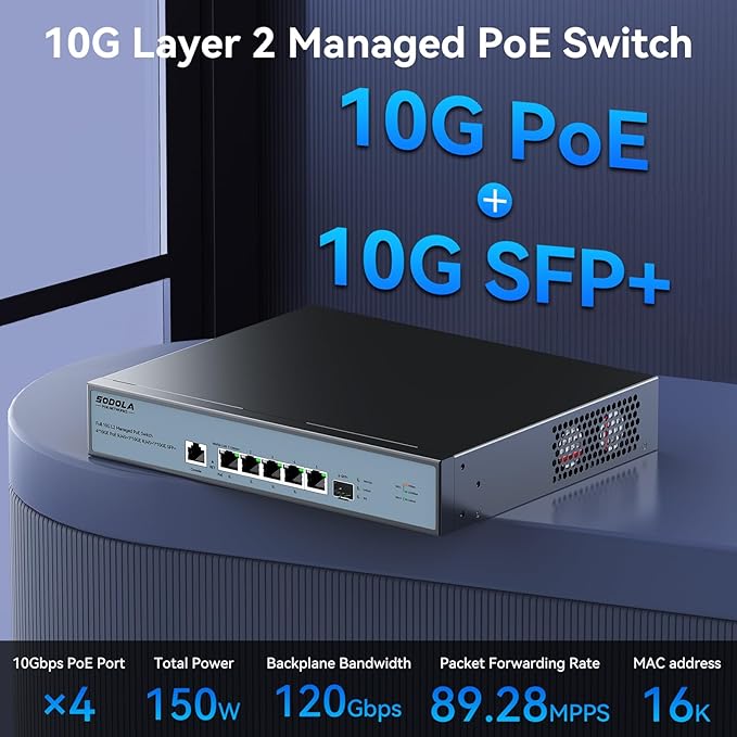 10Gb L2 Managed PoE Switch 150W|1X 10G SFP+&4 x 10GBase-T PoE Ports+1x10GBase-T Uplink, Max 90W PoE Output,IEEE802.3af/at/bt,Desktop&Wall Mount 10G Managed PoE Network Switch