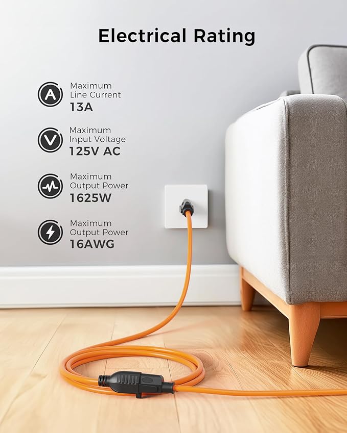 [UL Listed] Cable Matters 2-Pack 16 AWG Heavy Duty 13A Power Extension Cord - 10ft, 3 Prong Power Cord Extension, NEMA 5-15P to NEMA 5-15R, Orange