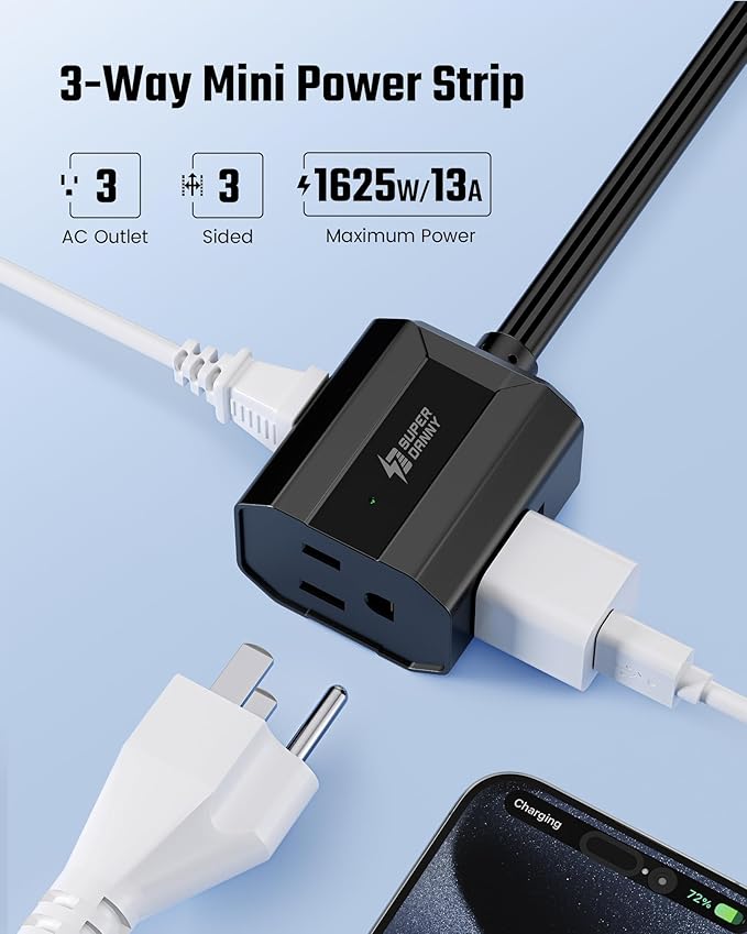 Extension Cord 3ft SUPERDANNY Mini Power Strip Ultra Right Angled Flat Plug for Tight Spaces,Indoor Extension with 3 Outlets,for Office Home Appliances,Non Surge Protector for Travel Cruise,Black