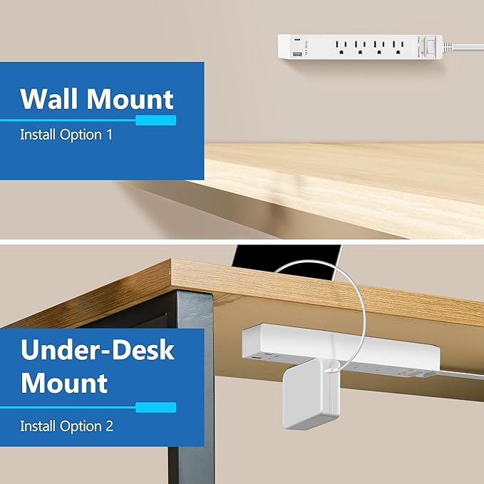 LIDER Surge Protected Outlet Extender, 4-Outlet Power Strip, 1 USB Type-A, and 1 USB Type-C Port, Surge Protect Up to 1500J, Ultra-Thin Wall Plate Plug with Cord Extender, 5ft Cord, ETL-Listed, White