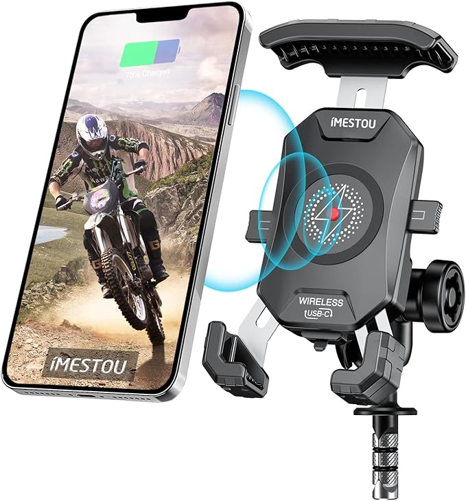 iMESTOU Motorcycle Fork Stem Phone Mount Wireless/USB C Charger with RAM 1" Ball Fits for Kawasaki, Ducati, Honda, BMW etc. with Fork Hole Dia. 0.47"-1" Quick Charge for 4.0"-6.8" Smartphones