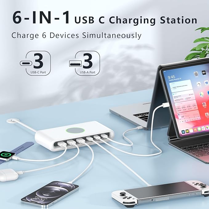 145W USB C Charging Station for Multiple Devices,6 Port USB C Hub Charger,Multi Charger Block Station Hub Cube for Laptop MacBook,HP,iPad,iPhone,Samsung, No Wireless Charging (White, 145W)