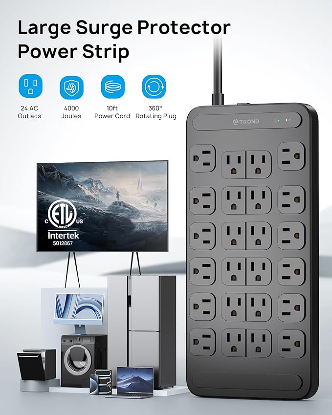 TROND Surge Protector Power Strip 360° Rotating Flat Plug, 24 AC Outlets, 4000 Joules, 10ft Heavy Duty Extension Cord 1875W, ETL Listed, Ideal for Gaming Office Home Dorm Room Essentials Black