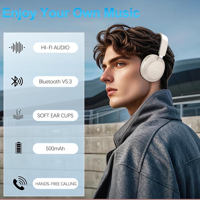 Noise Cancelling Headphones Wireless Bluetooth, Over Ear Headphones Bluetooth with Microphone, Cancelling Wireless Headphone Over Ear, 65h Playtime, Clear Calls, Comfort Fit For Travel (Beige)
