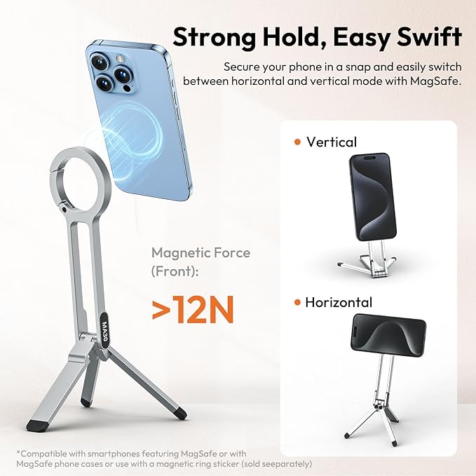 ULANZI MA30 Magnetic Phone Tripod Stand for iPhone - Aluminium Maglock Smartphone Mini Tripod Pocket Cell Phone Stand Strong Magnet Quick Mount Compatible with iPhone 17 16 15 14 13 12 Series, Silver