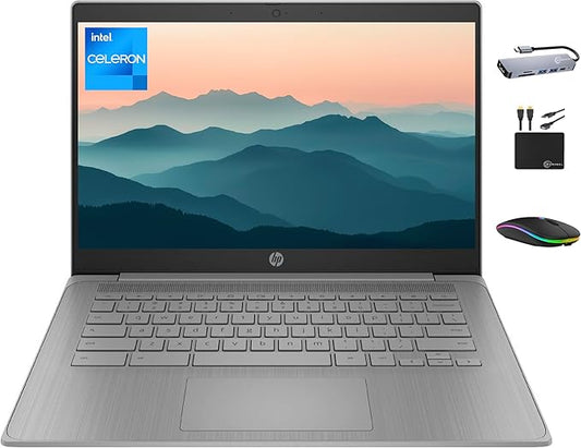 HP Chromebook 2025 Premium 14" HD Laptop Computer Light Slim Business, 4-Core Intel Processor, 4GB RAM, 192GB Storage (64GB eMMC+128GB Card), WiFi, Webcam, Long Battery, Chrome OS +MarxsolAccessory