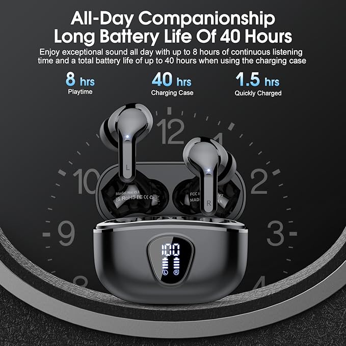 Wireless Earbuds, Bluetooth 5.4 Headphones HiFi Stereo, Bluetooth Earbuds with ENC Noise Cancelling Mic, IP7 Waterproof in Ear Earphones, 48H, LED Display Ear buds for Pad Phones Workout Sports, Black