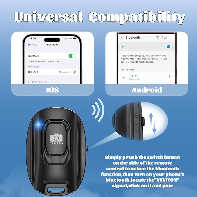 MAIRAN Rechargeable Wireless Camera Remote Shutter for iPhone and Android Smartphones, Bluetooth Phone Remote Control,Selfie Button for Photos and Videos Charging Cable and Wrist Strap Included-Black