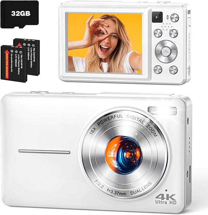 4K Digital Camera, 64MP Autofocus Vlogging Camera with Front Rear Lens, Flash, 16X Zoom, Anti-Shake, 32GB Card, Compact Point Shoot Camera for Teens Adult Beginner Travel Photography(White)