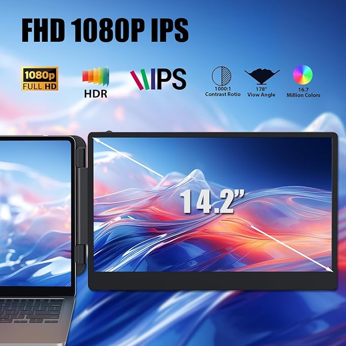14'' Screen Extender Portable Laptop Plug-play, 1080P IPS Laptop Monitor Extender Built-in Speaker, HDMI/USB-A/Type-C Triple Monitor for 13''-17.3'' Laptops, Work with Mac, Windows, Chrome, Switch