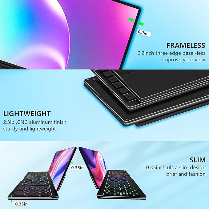 Portable Touchscreen Monitor with Silent Keyboard 12.8-inch Ultra-Slim Stretched Bar Screen Folding FHD 120% sRGB, USB-A/C Compatible Screen for Computers, Laptops, Mini PCs, Consoles, Phones