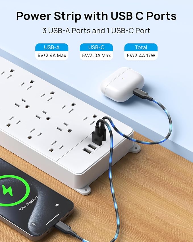 TROND Power Strip Surge Protector - White Extension Cord with USB Ports, 13 Widely-Spaced Outlets Expansion, 5ft, Flat Plug, Under Desk, Wall Mount, Heavy Duty, 4000 Joules, Office, Home, ETL Listed