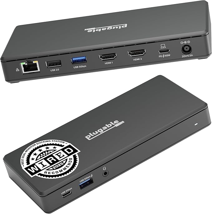 Plugable USB-C Docking Station Dual 4K 60Hz HDMI, 65W Charging, Gigabit Ethernet, 1x USB-C 5Gbps, 3X USB-A, Audio, Windows/ChromeOS, USB-C/USB4/Thunderbolt, Driverless (UD-MSTH2)