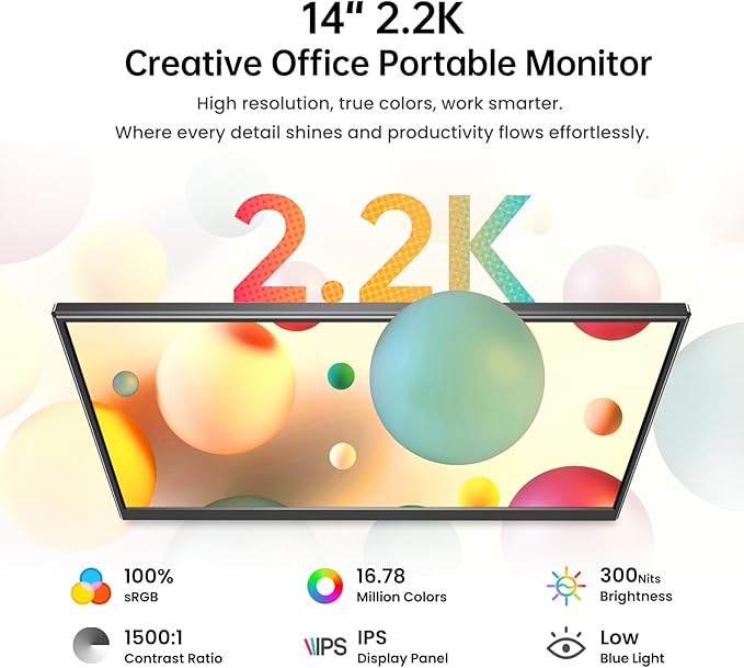Yxk Portable Monitor 14 inch 2.2K QHD USB C HDMI Ultra-Slim IPS Travel Display & Speakers, HDR Plug&Play, External Monitor for Laptop PC, Phone,Mac