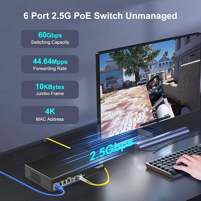 6-Port 2.5G PoE Switch Unmanaged, 4X 2.5GBase-T PoE Ports, 2X 10Gbps SFP, 4 Port PoE Switch 60Gbps Switching Capacity, Support IEEE802.3af/at, Metal Housing, Fanless, Desktop/Wall Mount 2.5Gbe Switch