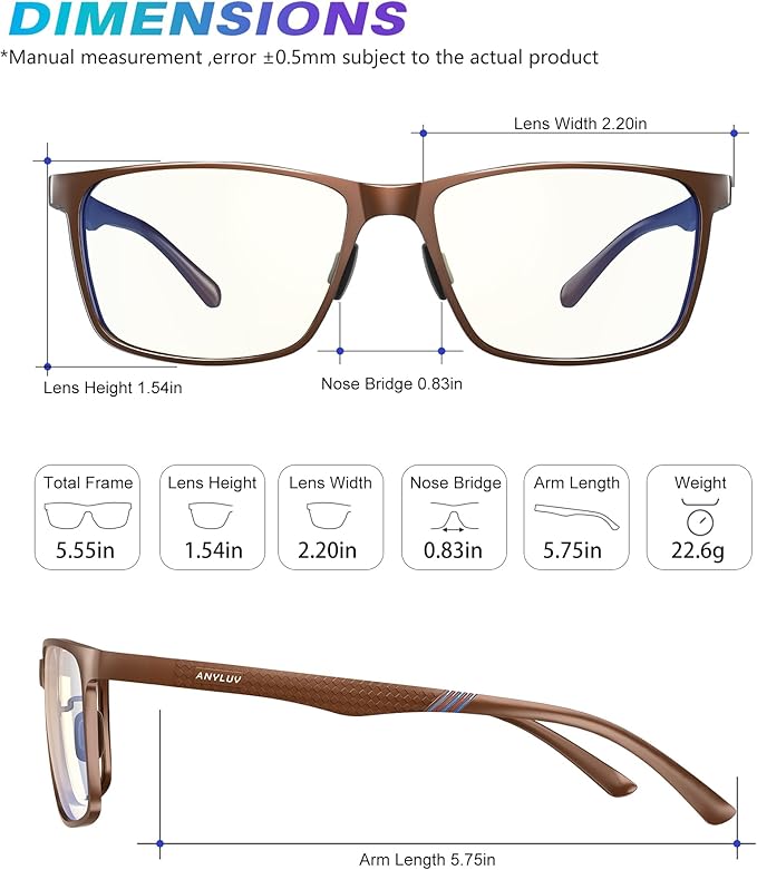 ANYLUV Blue Light Glasses Men, Relieve Eyestrain and Eye Protection, Al-Mg Metal Computer Blue Light Blocking Glasses
