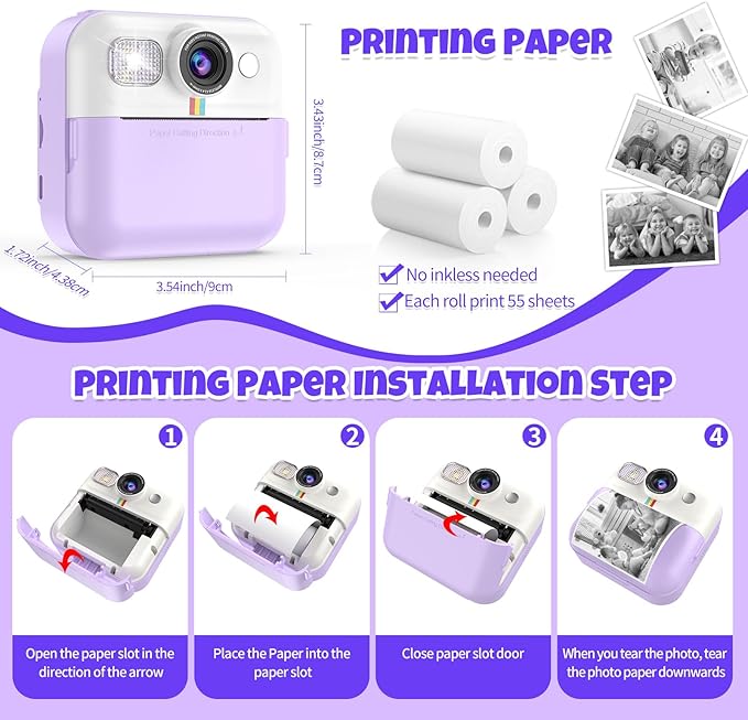 Instant Print Camera for Kids,Children Digital Camera Video Toddler Print Camera Christmas Birthday Gifts Portable Kids Toys for 3 4 5 6 7 8 9 10 Year Old Girls