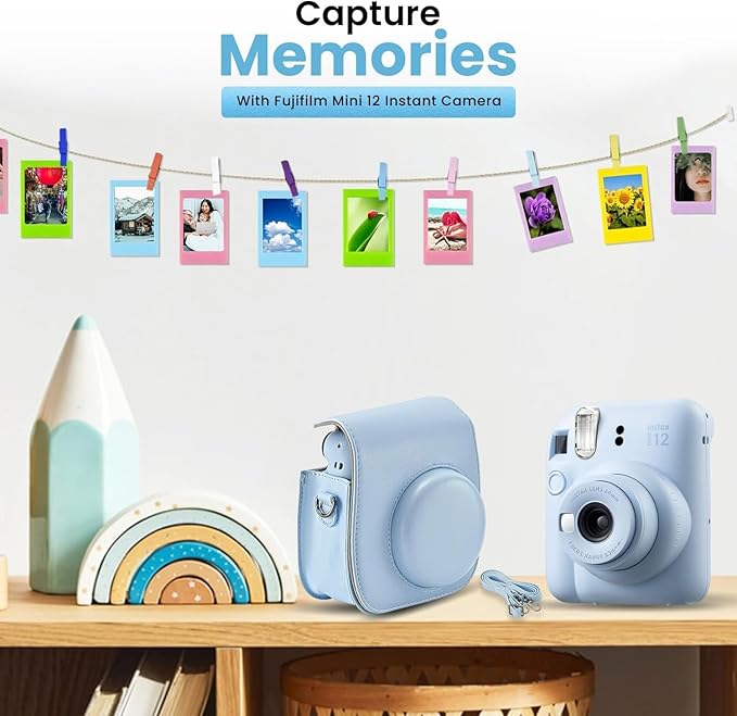 Fujifilm Instax Mini 12 Instant Camera Bundle - Includes 20 Shots Film, Custom Case, Deluxe 60-Pocket Photo Album & BluebirdSales Accessories - Auto Exposure, Selfie Mirror, Pastel Blue