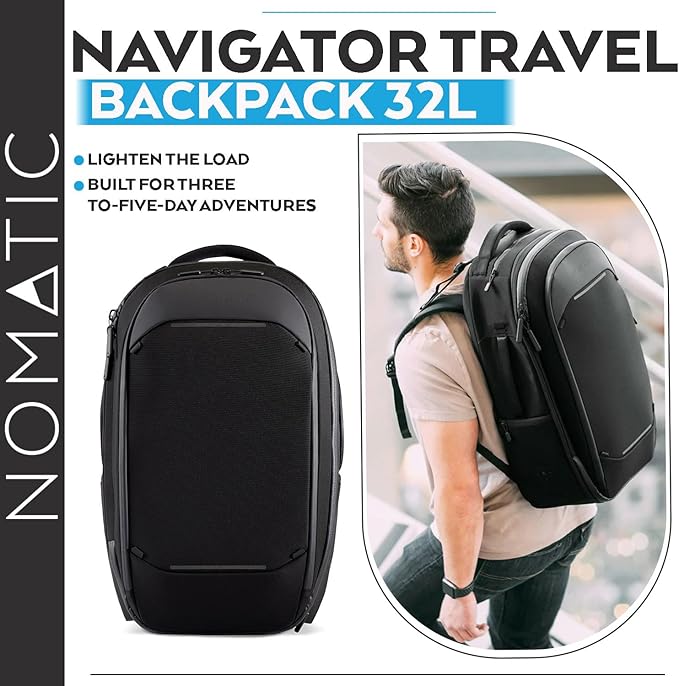 NOMATIC Navigator Travel Backpack - 32L Backpack with Laptop Compartment and 9L Built-In Expansion - Anti-Theft Carry-On Backpack for Travel - Water Resistant Travel Pack (Black)