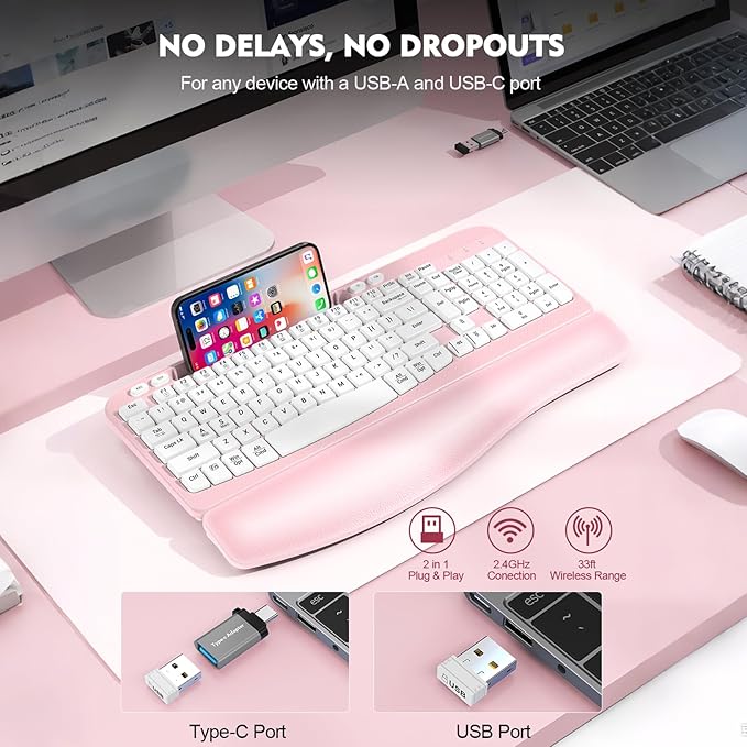 Ergonomic Wireless Keyboard with Cushioned Wrist Rest, Wave Keys, Phone Holder, Comfortable Natural Typing, 2.4GHz Full Size Cordless USB Computer Keyboard for Laptop, Mac, Windows (Pink)