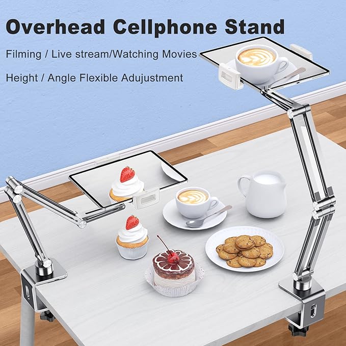 OATSBASF Phone and Tablet Holder Bed Gooseneck Mount, Aluminum Long Arm Foldable Lazy Stand, Universal 360 Degree Rotatable for iPhone, iPad, Tablet-Silver