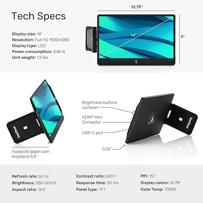 SideTrak Swivel 14" Attachable Portable Monitor Extender, FHD TFT Laptop Dual Screen with Kickstand + Unique Swivel Hinge, Compatible with Mac, PC, Chrome, Powered by USB/Mini HDMI Port (Black)