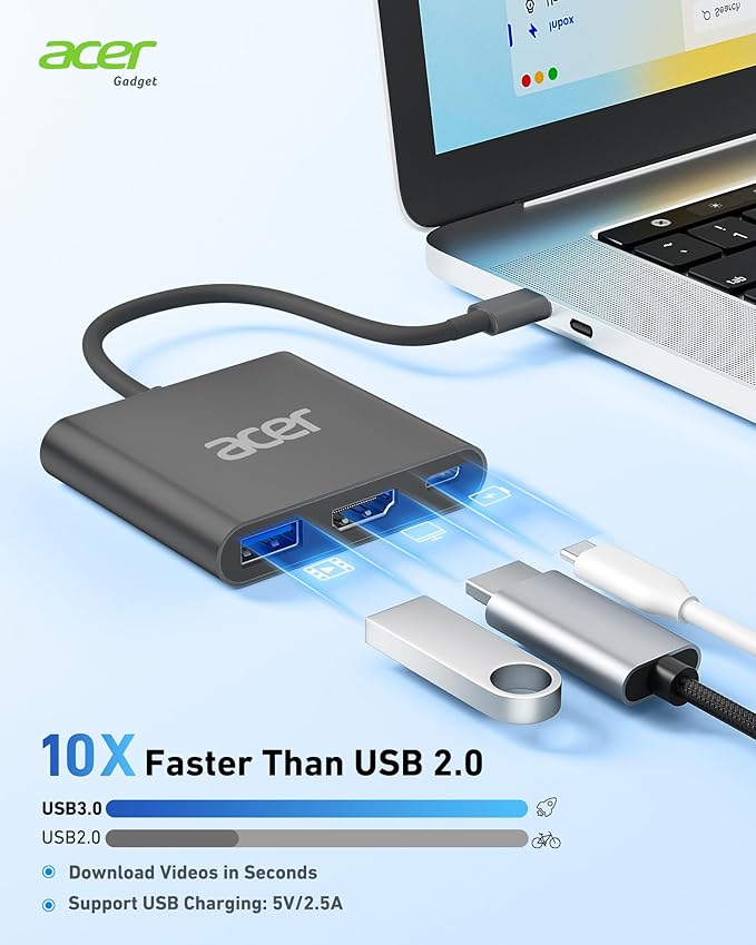 Acer USB C Hub, 3 in 1 USB C to HDMI Multi-Port Adapter,with 5Gbps USB 3.0 GEN1 Data Port, 4K HDMI Port and PD Max 100W Charging for USB C Phones, Tablets, iPad Pro, MacBook Pro, Acer Laptops and More