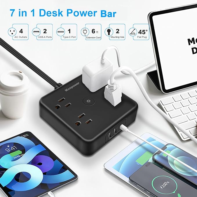 2 Pack Ultra Flat Plug Power Strip,Power Strips with Surge Protection-4 Widely Outlets,6 ft Flat Plug Extension Cord with 3 USB Ports(1 USB C Port),Slim Desk Charging Station,Black
