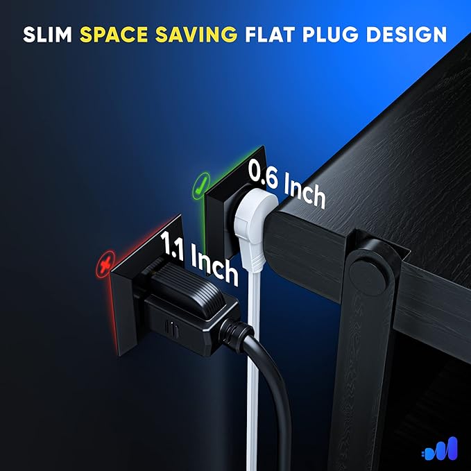 Maximm 360 Rotating Flat Plug Extension - 50ft Flat Cord, Slim Space-Saving Design (White)