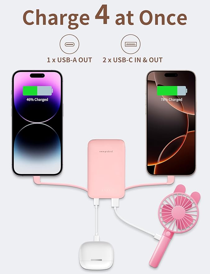 Portable Charger, Slimmest 5000mAh Portable Charger with Built in USB-C Cables, USB C in&out Charging Battery Pack, External Phone Powerbank Compatible with iPhone, Android, 2 Pack White & Pink