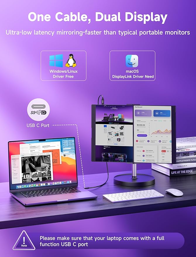 JSAUX FlipGo Pro 13.5" Dual Portable Monitors, 2.2K Triple Laptop Screen Extender, Portable IPS Dual-Screen Monitor for Laptop[for Windows/Linux/macOS] One Cable to Dual/Magnetic Design/DisplayLink
