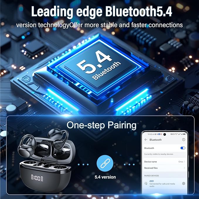 Open Ear Earbuds,Wireless Earbuds Bluetooth 5.4 Ergonomic Clip-On Ear buds, Bone Conduction Over The Ear Headphones 48H Playtime, Perfect Running Headphones for Sports IPX7 Waterproof Touch Controls