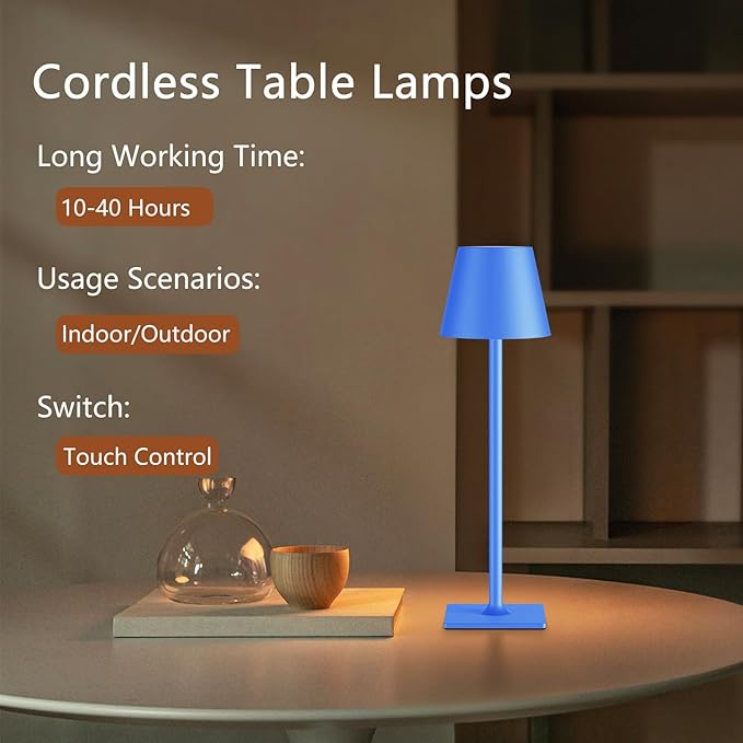Blue Cordless Table Lamp Set of 2, Indoor/Outdoor Table Lamp for Restaurant Home Dinner Patio Pinic