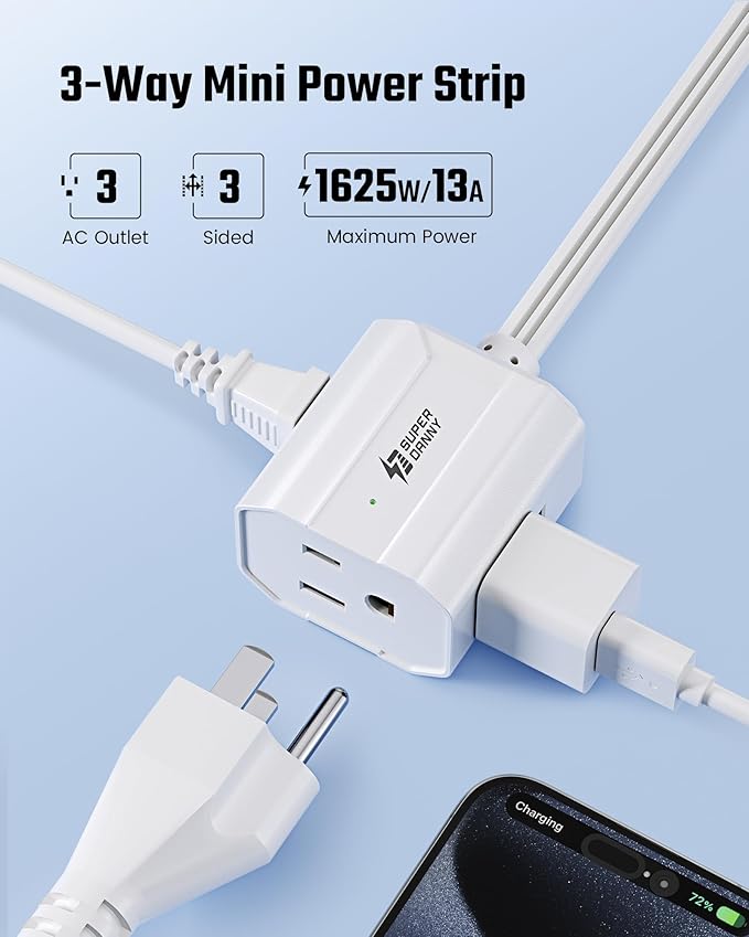 Extension Cord 6ft SUPERDANNY Mini Power Strip Ultra Right Angled Flat Plug for Tight Spaces,Indoor Extension with 3 Outlets,for Office Home Appliances,Non Surge Protector for Travel Cruise,White