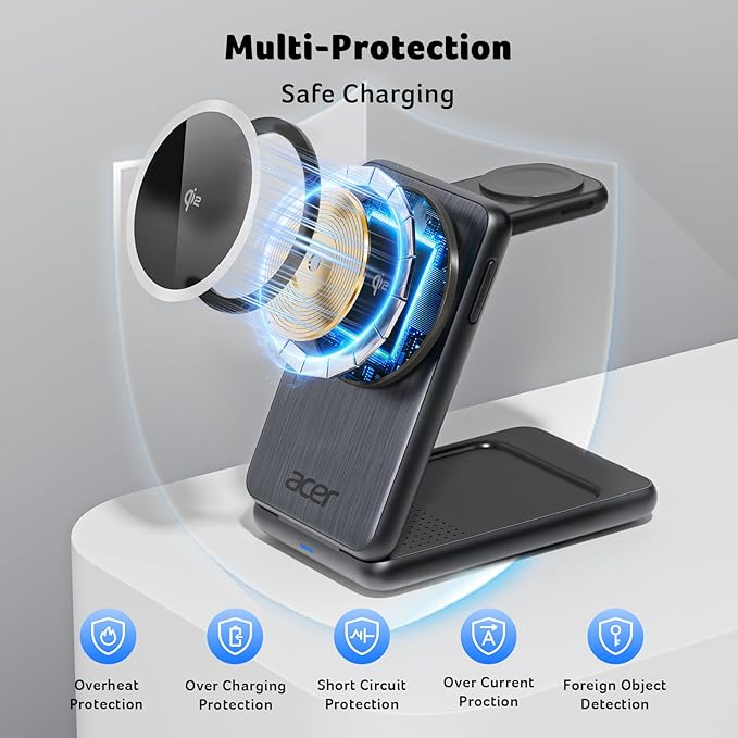 Acer Magnetic Wireless Charger,3 in 1 Wireless Charging Station,15W Fast MagSafe Charger for iPhone 17 16 15 14 13 12 Series-Apple Watch 10 9 8 7 6 5 4 3 2 SE and Ultra Series-Airpods 4 3 2 Pro Series