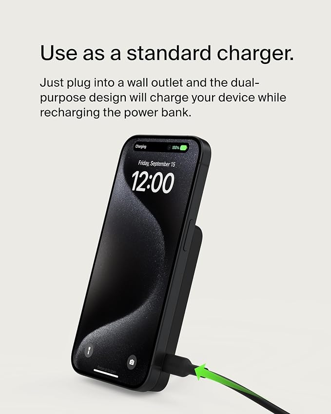 Belkin Portable Charger, Wireless Power Bank 15W 5000mAh w/ Qi2, MagSafe Charger + Built-in Pop-up Kickstand - Compatible w/iPhone 17, Air, Pro, Pro Max, Google Pixel 10, etc. - Black