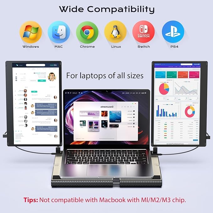 Laptop Screen Extender, 14" FHD 1080P Laptop Monitor Extender, Stretchable Base and Detachable Screen, Plug & Play, Triple Screen Extender Compatible with Windows, Mac, Chrome